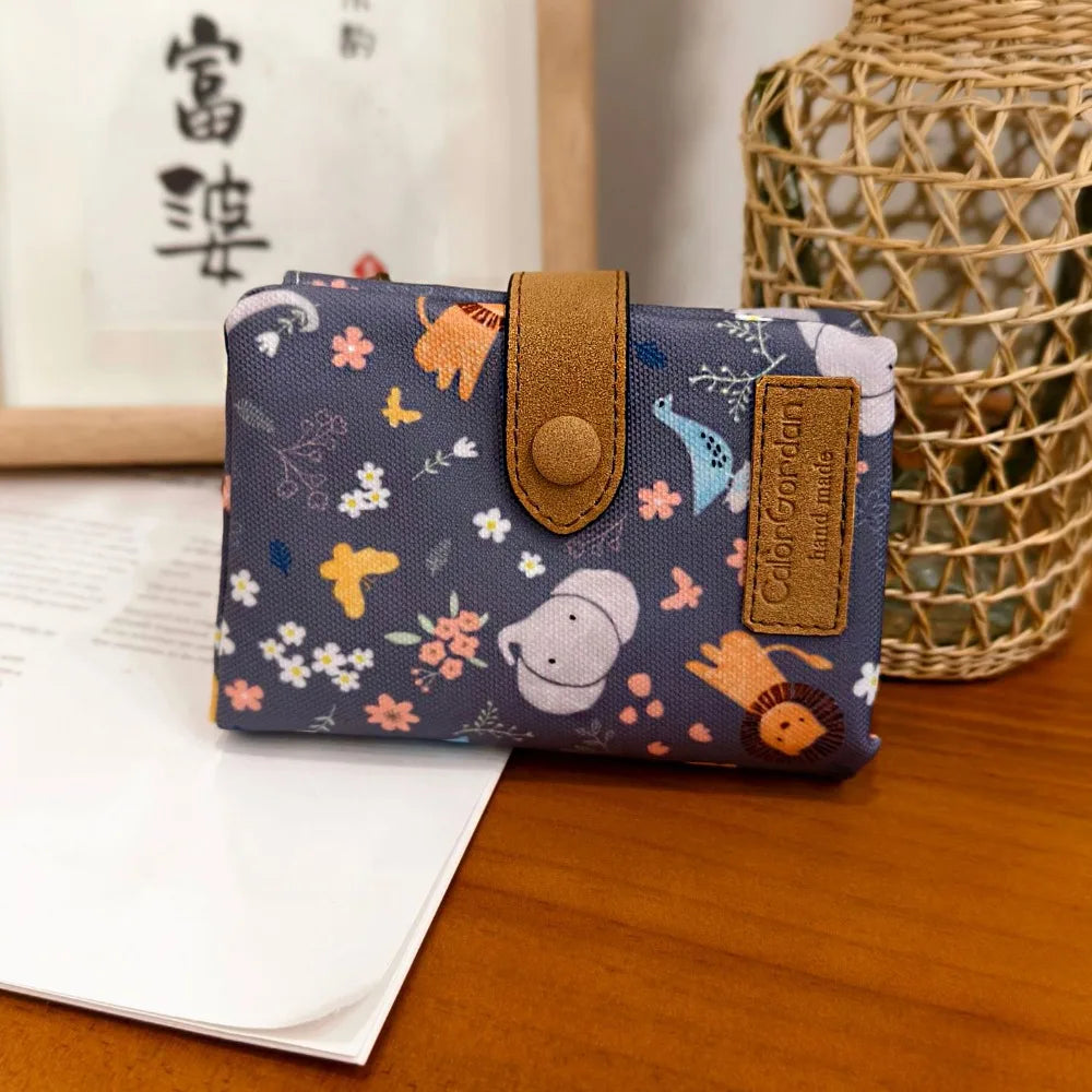 Compact Printed Canvas Wallet with Cat Design
