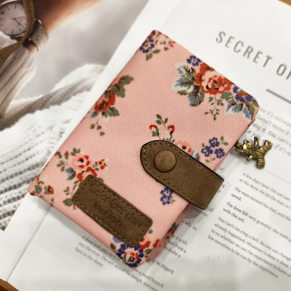 Compact Printed Canvas Wallet with Cat Design