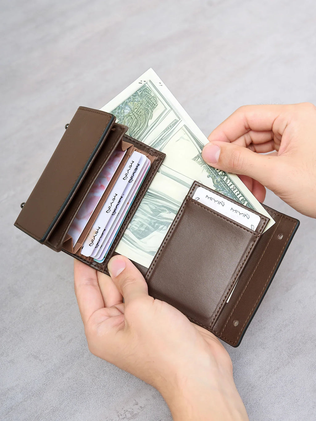 Compact multifunctional trifold PU leather wallet with zip and coin pocket