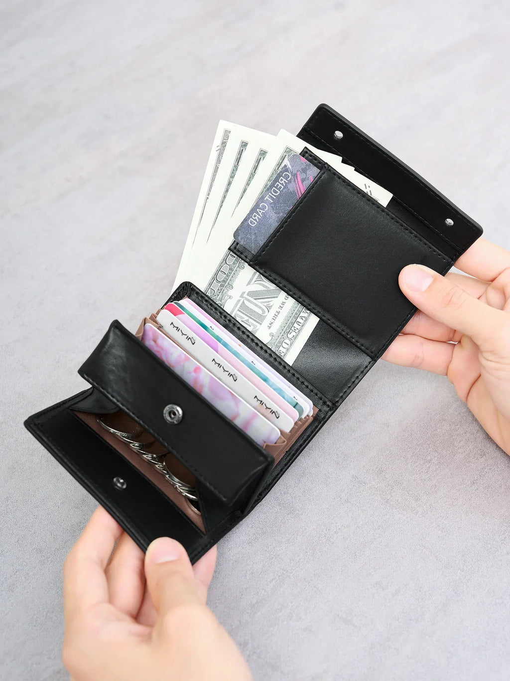 Compact multifunctional trifold PU leather wallet with zip and coin pocket