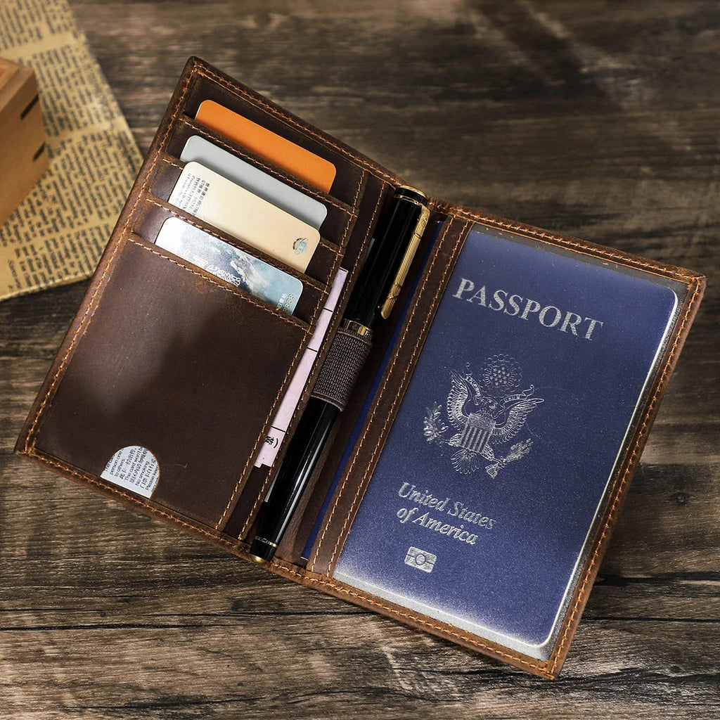 Genuine Leather Passport Holder for Men with Pen Slot