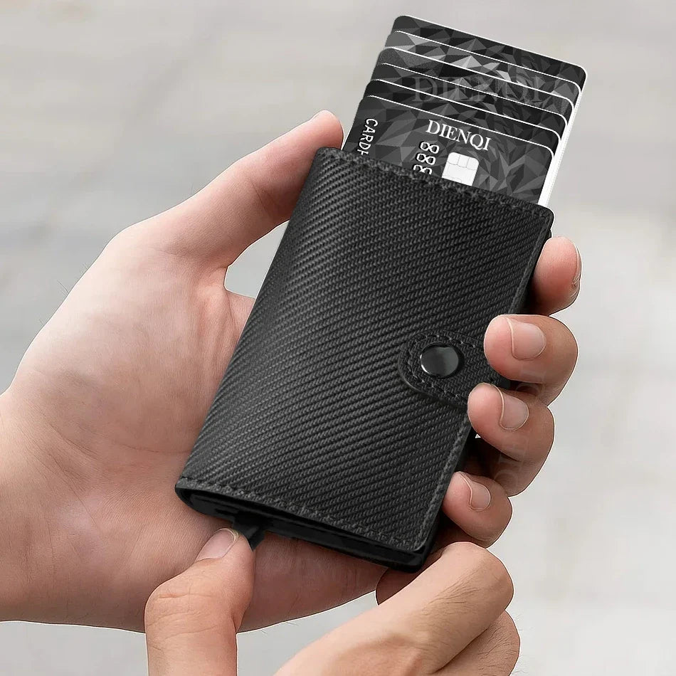 RFID Leather PU Carbon Automatic Card Holder with Quick Ejection