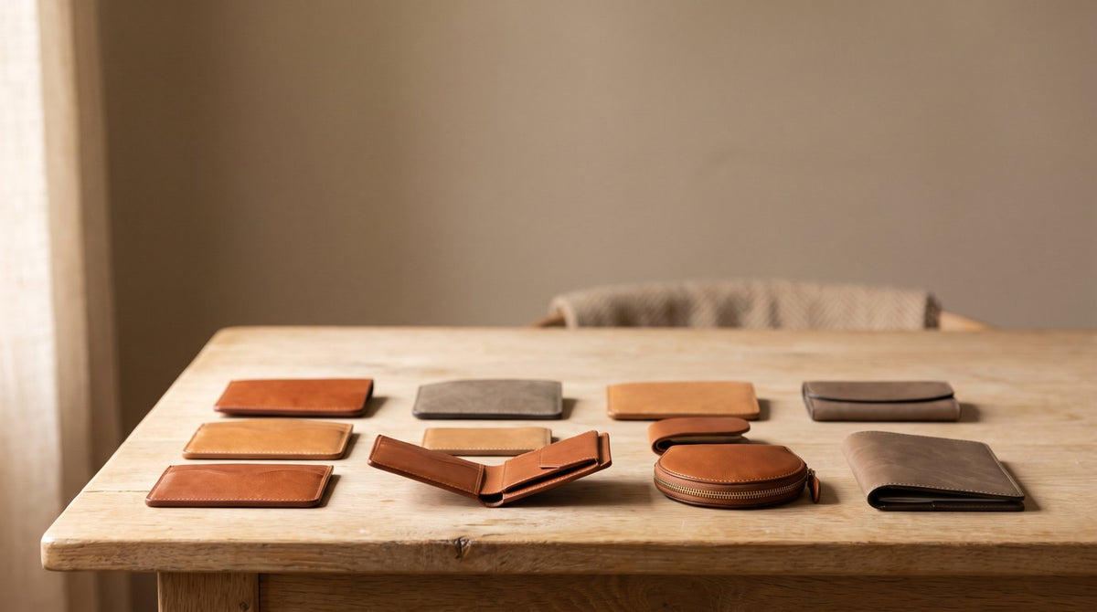 Card holders, a bifold wallet, a coin purse and a passport holder arranged on a pale oak table