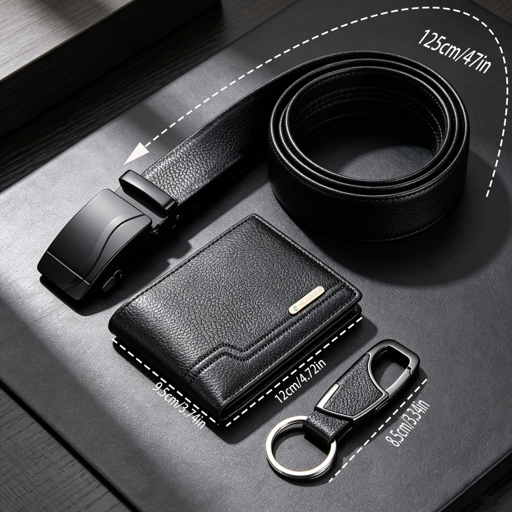 Men's Solid Black Wallet, 125 cm Belt and Keychain
