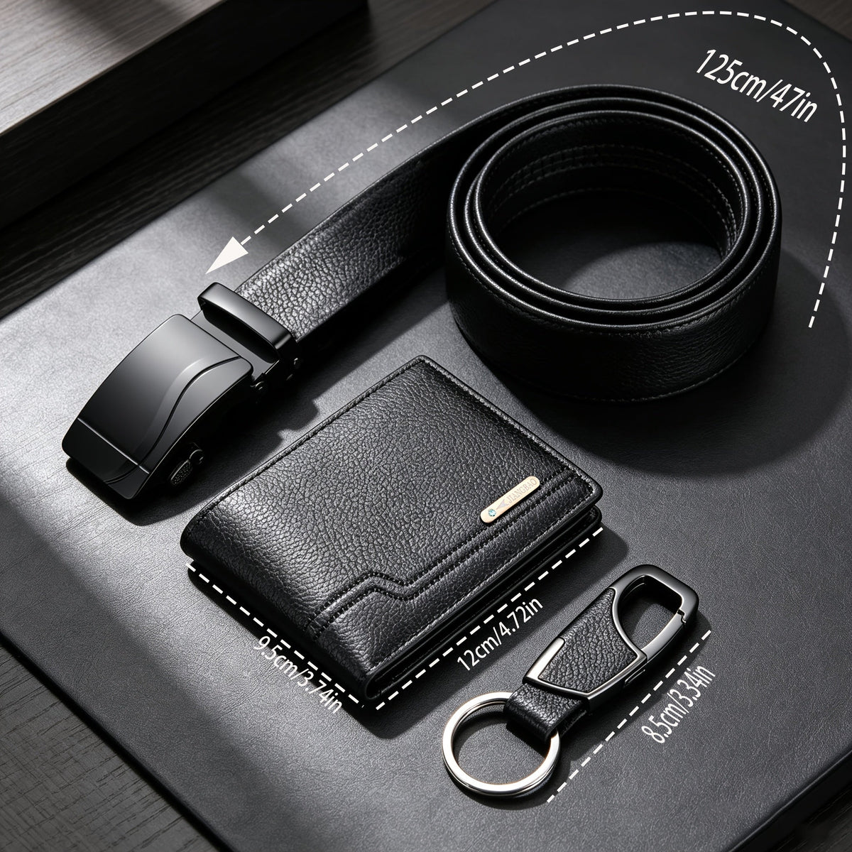 Men's Solid Black Wallet, 125 cm Belt and Keychain