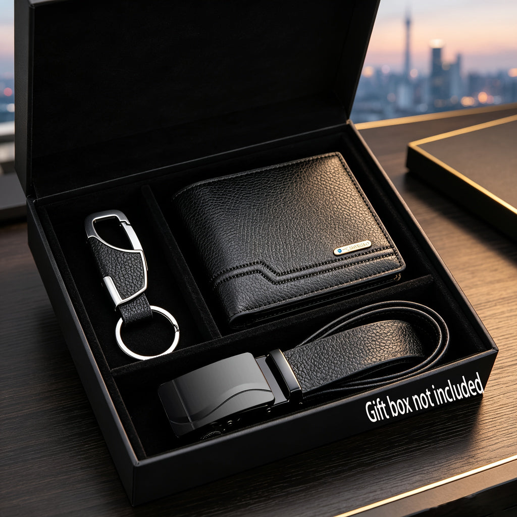 Men's Solid Black Wallet, 125 cm Belt and Keychain