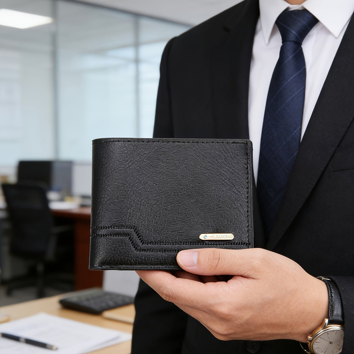Men's Solid Black Wallet, 125 cm Belt and Keychain
