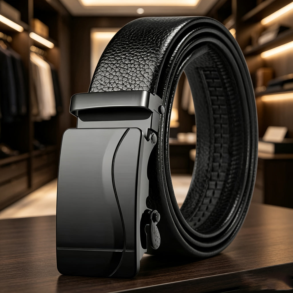 Men's Solid Black Wallet, 125 cm Belt and Keychain