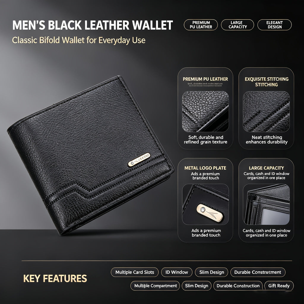 Men's Solid Black Wallet, 125 cm Belt and Keychain